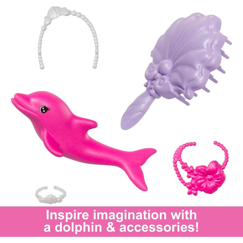 Barbie Mermaid Doll, “Malibu” with Pink Hair, Styling Accessories, Pet Dolphin and Water-Activated Color Change Feature