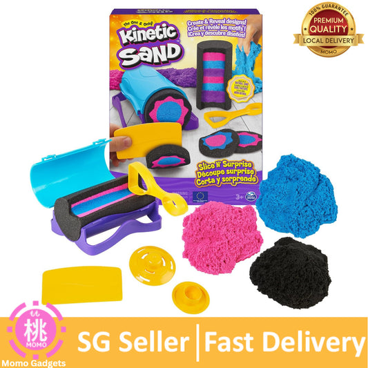 Kinetic Sand, Slice N’ Surprise Set with 13.5oz of Black, Pink and Blue Play Sand and 7 Tools, Sensory Toys for Kids