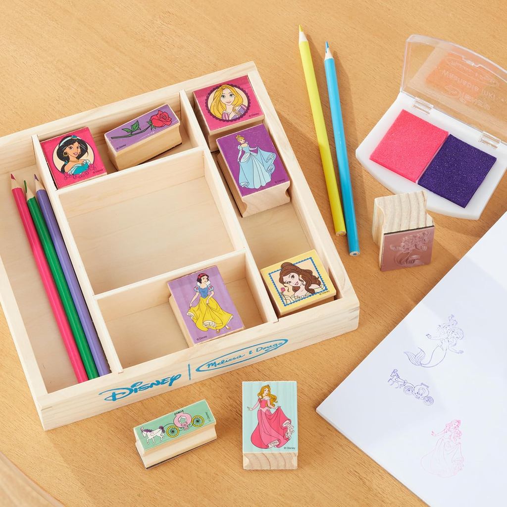 Melissa & Doug Disney Princess Wooden Stamp Set: 9 Stamps, 5 Colored Pencils, and 2-Color Stamp Pad Disney Princess