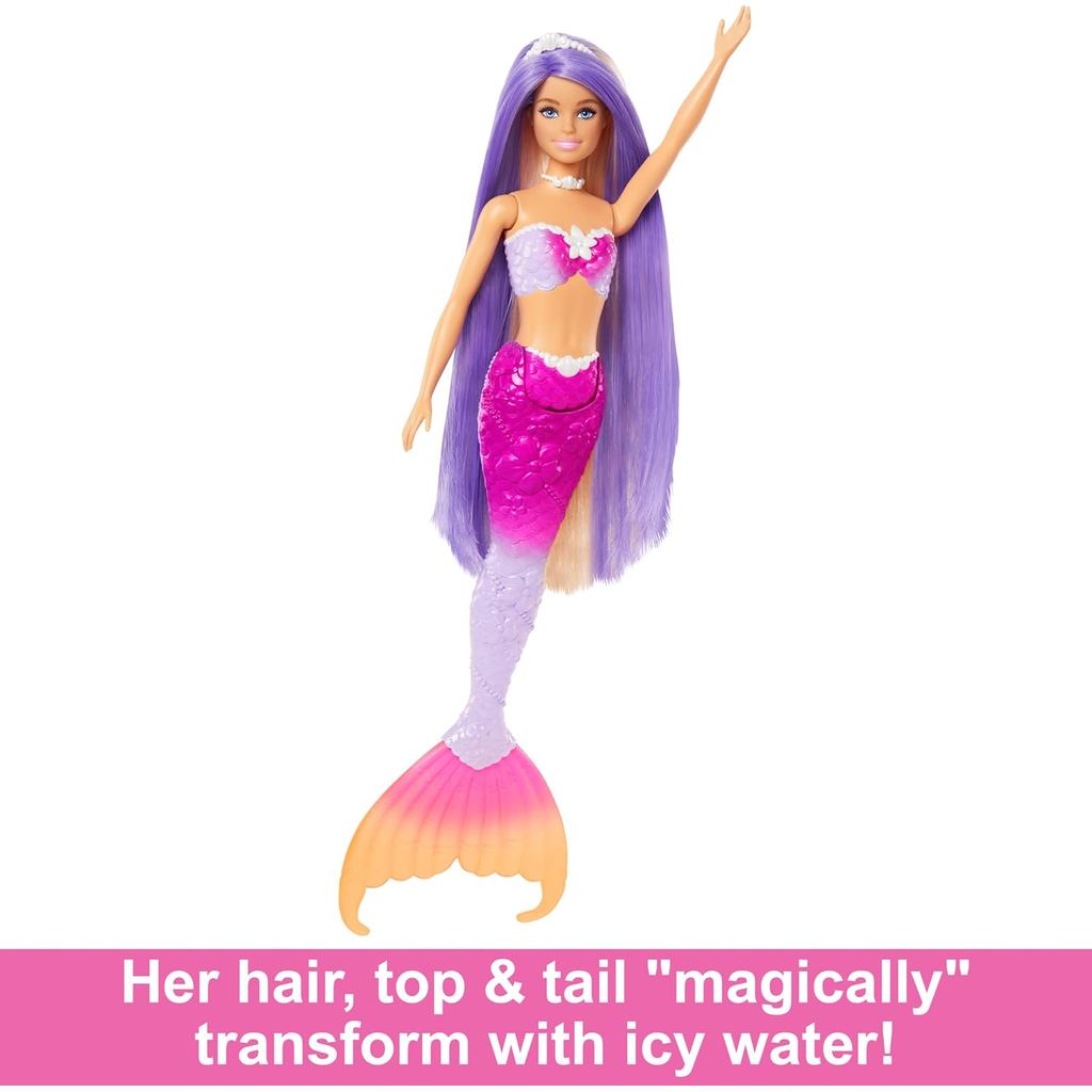 Barbie Mermaid Doll, “Malibu” with Pink Hair, Styling Accessories, Pet Dolphin and Water-Activated Color Change Feature