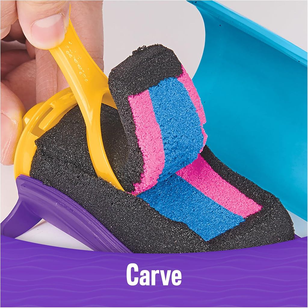 Kinetic Sand, Slice N’ Surprise Set with 13.5oz of Black, Pink and Blue Play Sand and 7 Tools, Sensory Toys for Kids