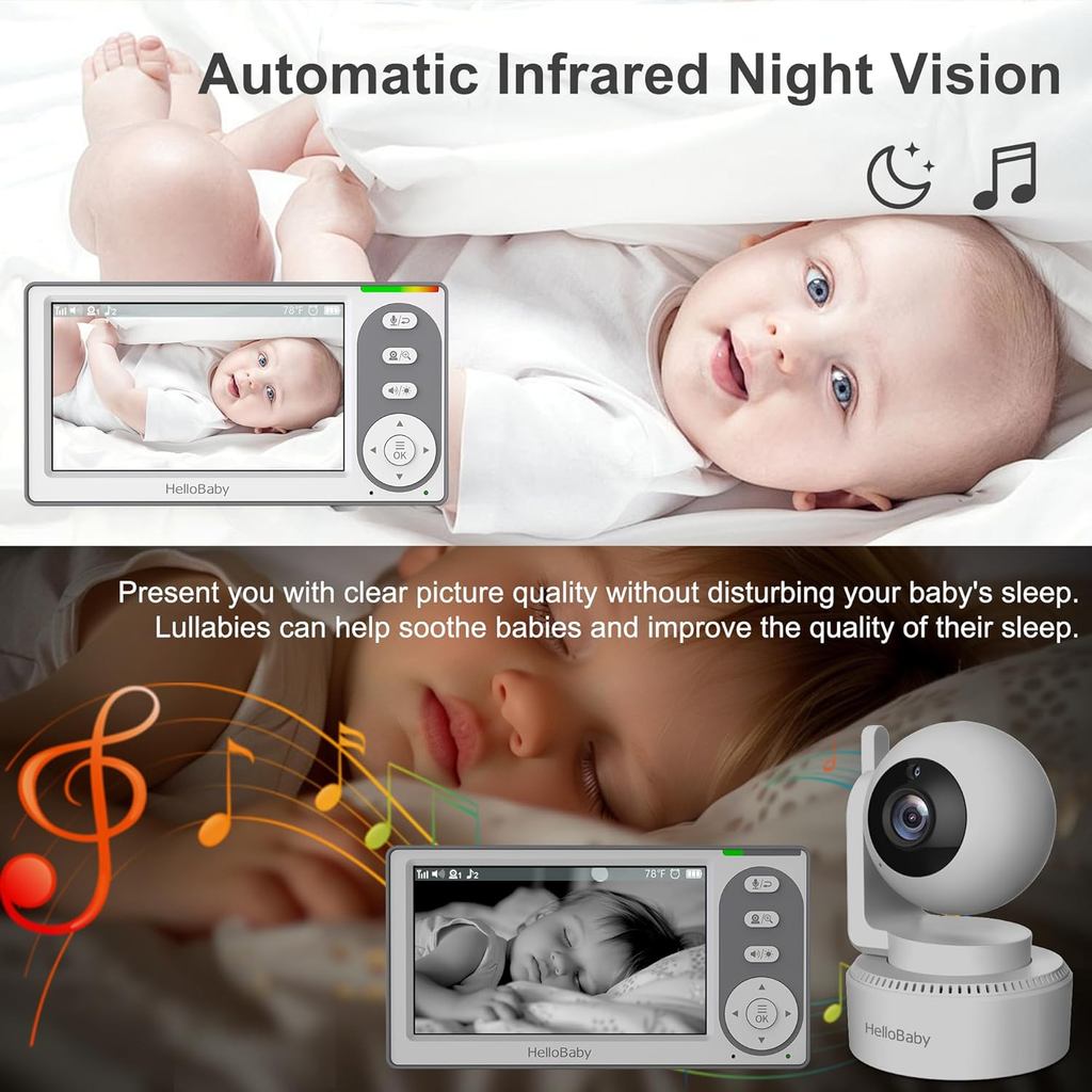 HelloBaby 4.3'' Video Baby Monitor with 30 Hours Battery, Remote Pan-Tilt-Zoom Baby Monitor No WiFi, Baby Monitor