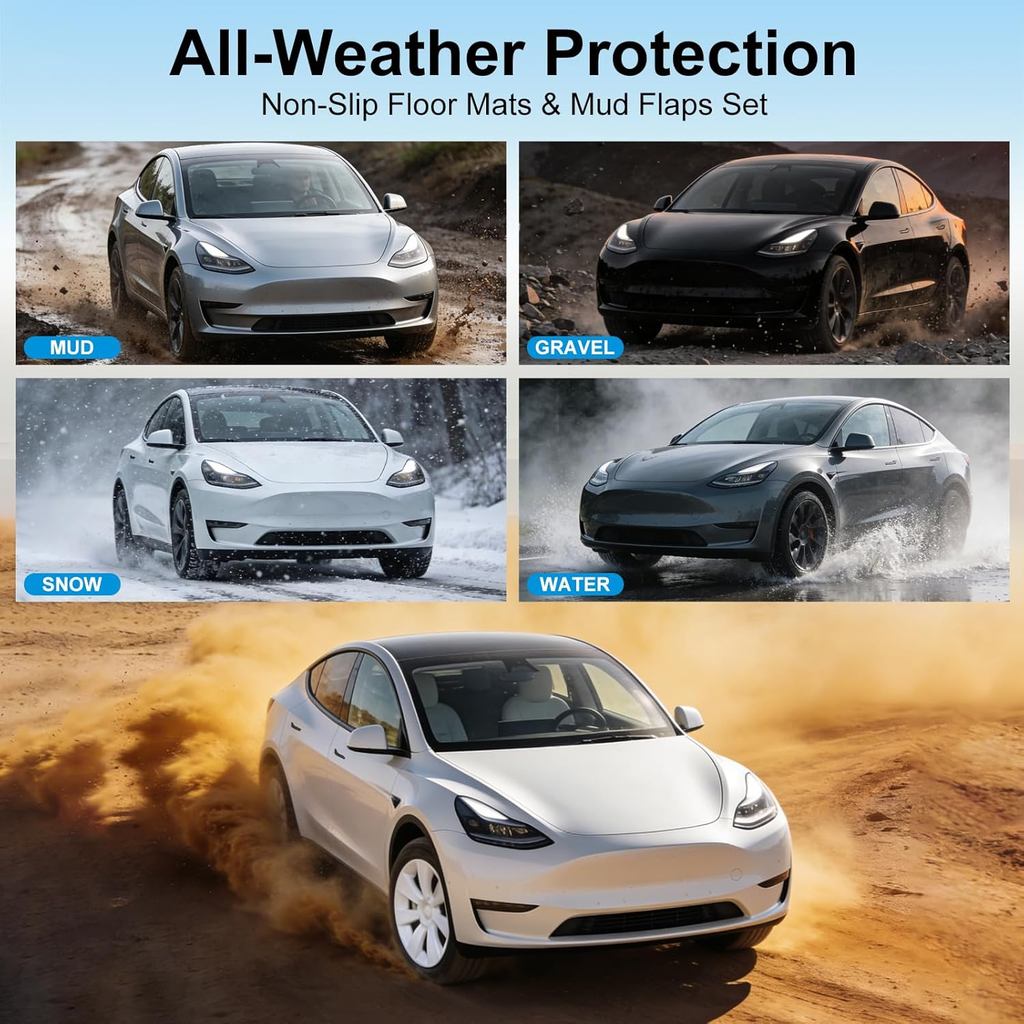 Floor Mats for Tesla Model Y Juniper 2025-2026 All Weather 9Pcs Cargo Liners & 4Pcs Mud Flaps No-Drill Splash Guards