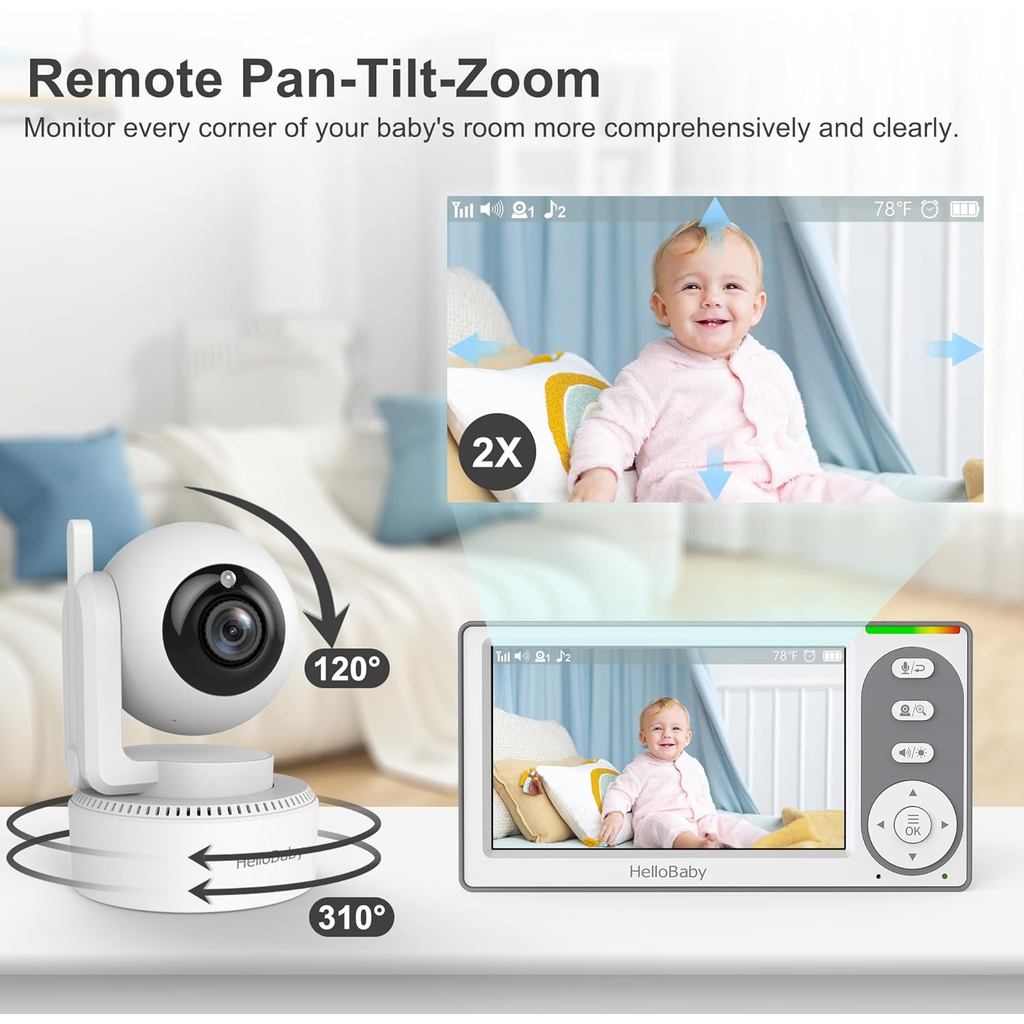 HelloBaby 4.3'' Video Baby Monitor with 30 Hours Battery, Remote Pan-Tilt-Zoom Baby Monitor No WiFi, Baby Monitor