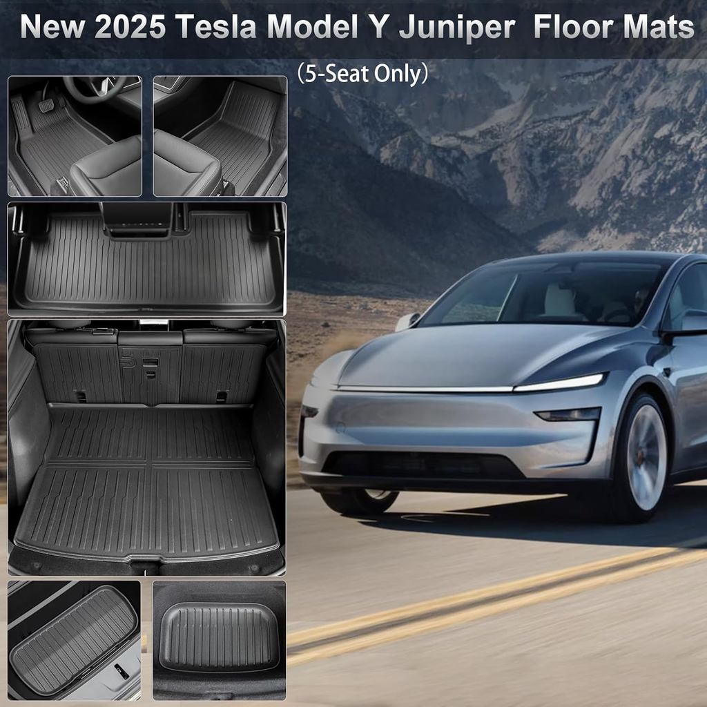 Floor Mats for Tesla Model Y Juniper 2025-2026 All Weather 9Pcs Cargo Liners & 4Pcs Mud Flaps No-Drill Splash Guards