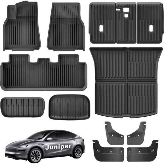 Floor Mats for Tesla Model Y Juniper 2025-2026 All Weather 9Pcs Cargo Liners & 4Pcs Mud Flaps No-Drill Splash Guards