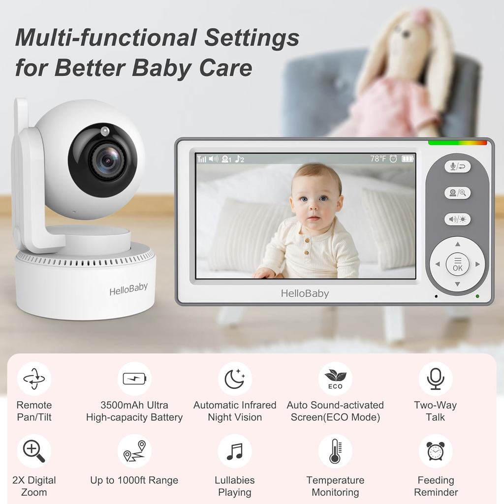 HelloBaby 4.3'' Video Baby Monitor with 30 Hours Battery, Remote Pan-Tilt-Zoom Baby Monitor No WiFi, Baby Monitor