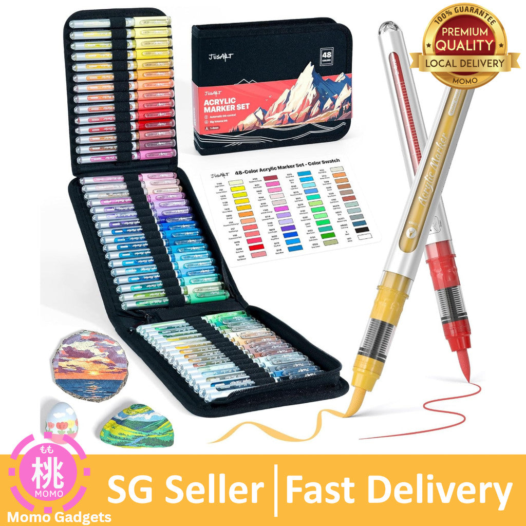 JusArt 48 Colors Acrylic Paint Markers with Canvas Bag, Water-Based No-Bleed Paint Pens with Automatic Ink Control