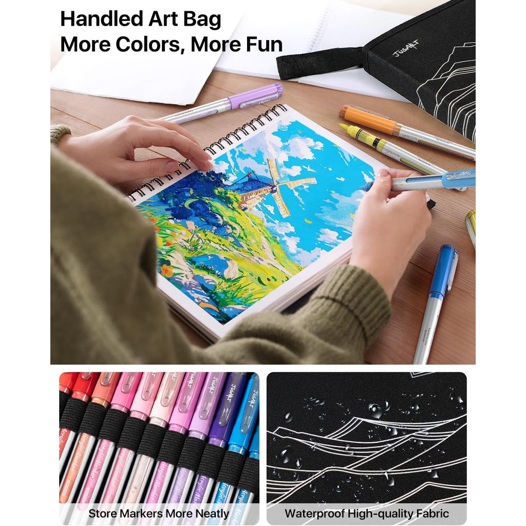JusArt 48 Colors Acrylic Paint Markers with Canvas Bag, Water-Based No-Bleed Paint Pens with Automatic Ink Control