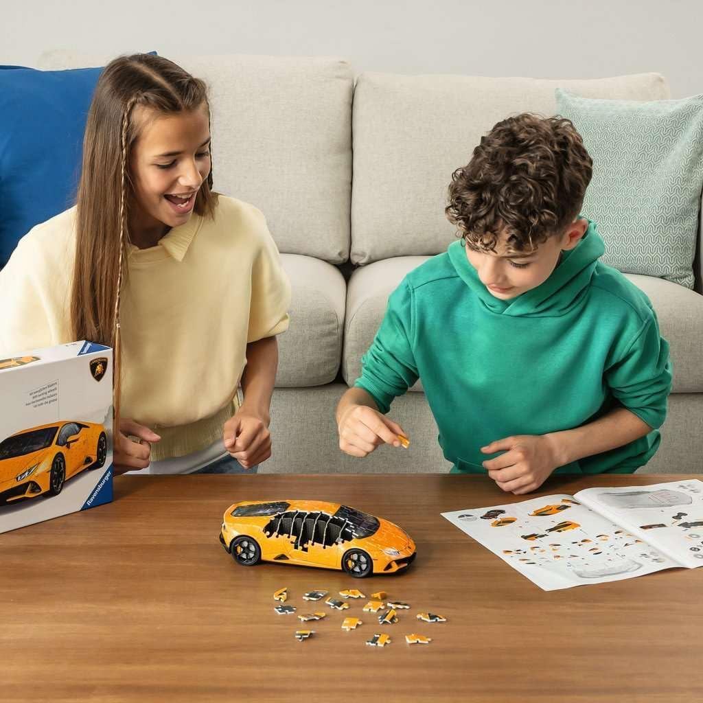 Ravensburger Lamborghini‑Huracán‑EVO‑Arancio Orange Premium 3D Puzzle 108 Pieces | 1:18 Scale Model with Rotating Wheels