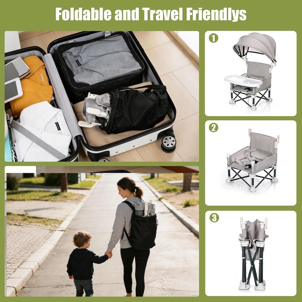 Portable Baby Chair Compact Fold | 4-in-1 Travel Booster Seat with Tray Awning| Foldable High Chair with Safety Belt