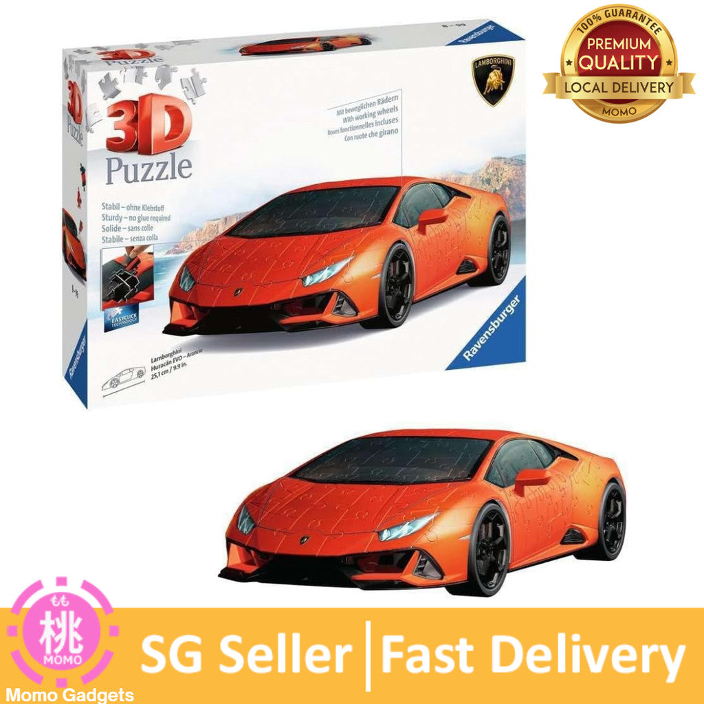 Ravensburger Lamborghini‑Huracán‑EVO‑Arancio Orange Premium 3D Puzzle 108 Pieces | 1:18 Scale Model with Rotating Wheels