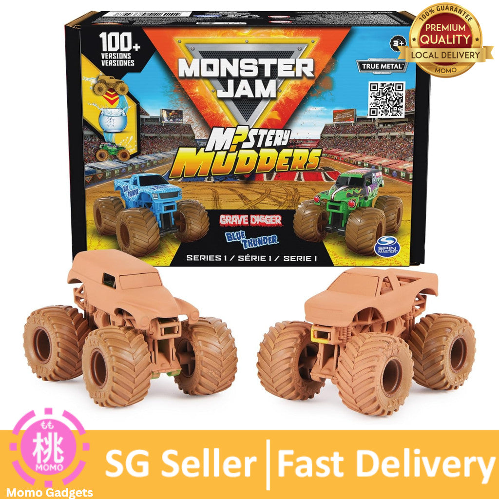 Monster Jam, Mystery Mudders 2-Pack, Official Grave Digger and Blue Thunder Die-Cast Monster Trucks Wash to Reveal