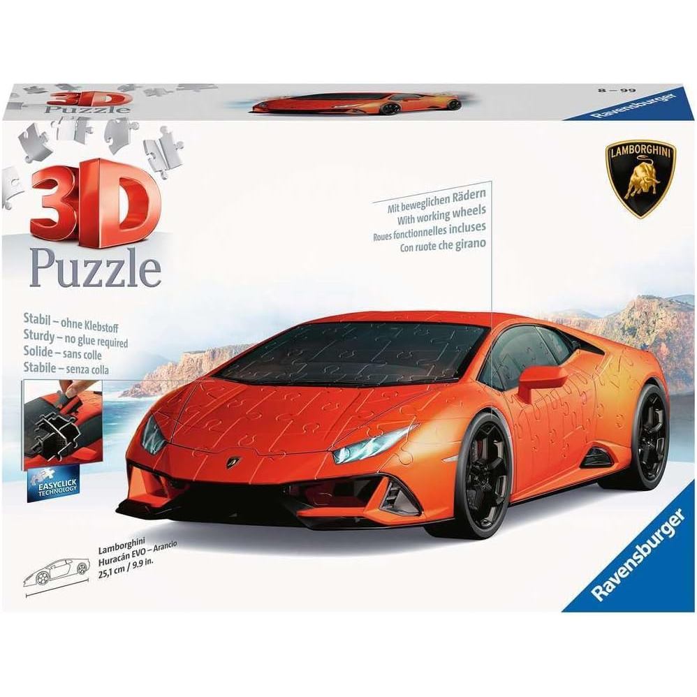 Ravensburger Lamborghini‑Huracán‑EVO‑Arancio Orange Premium 3D Puzzle 108 Pieces | 1:18 Scale Model with Rotating Wheels