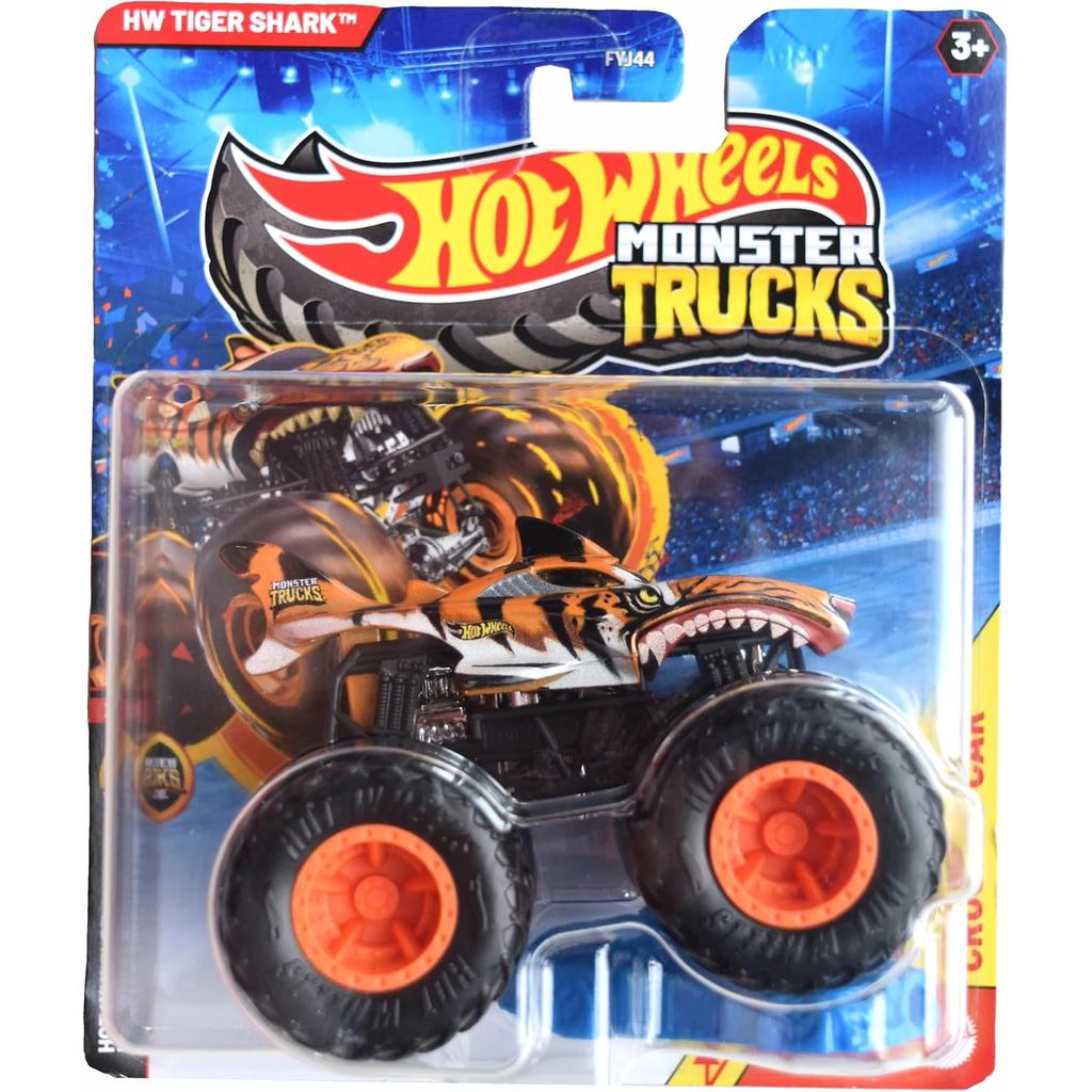 Hot Wheels Monster Trucks Tiger Shark, Includes Crushed Car 1:64 Scale die cast