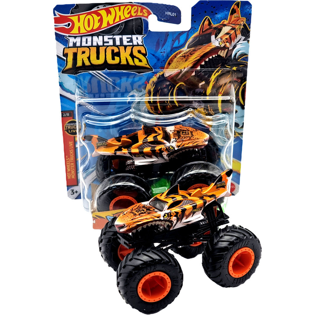 Hot Wheels Monster Trucks Tiger Shark, Includes Crushed Car 1:64 Scale die cast