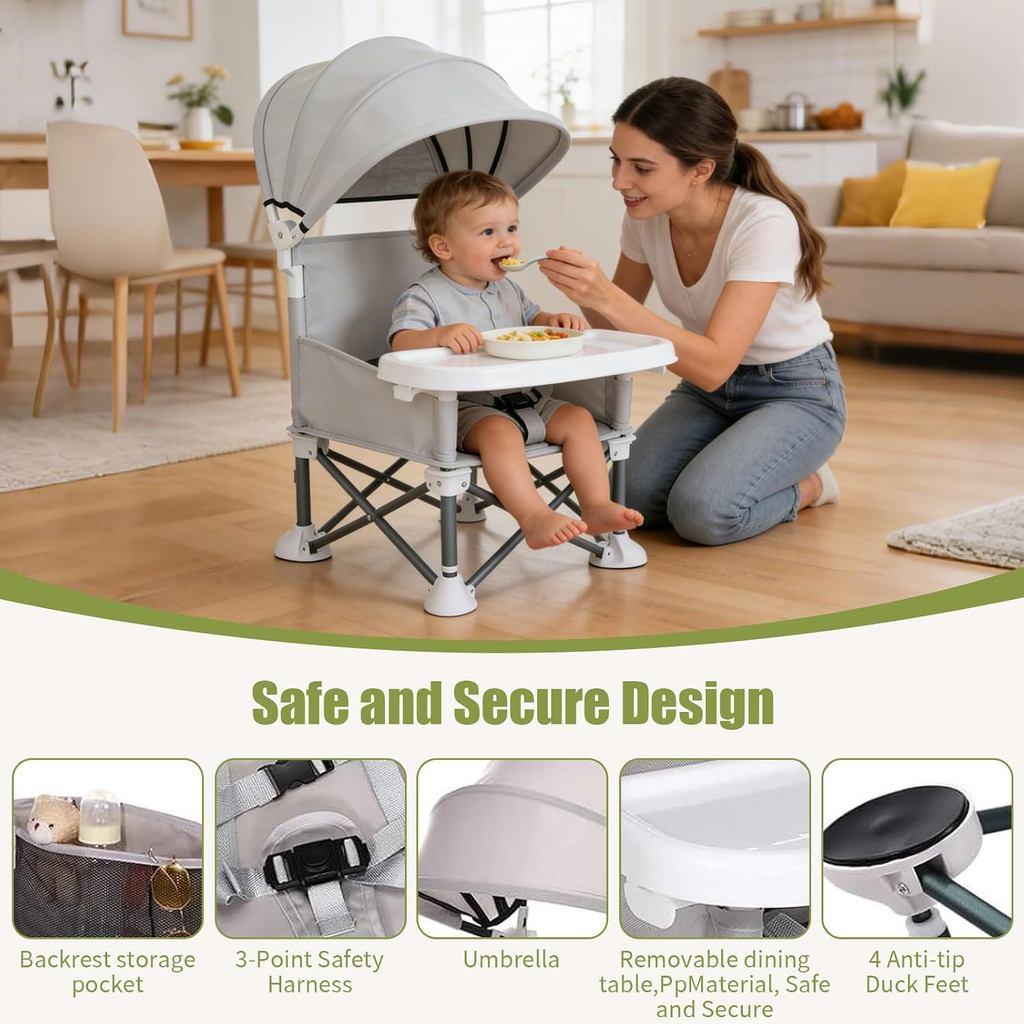 Portable Baby Chair Compact Fold | 4-in-1 Travel Booster Seat with Tray Awning| Foldable High Chair with Safety Belt