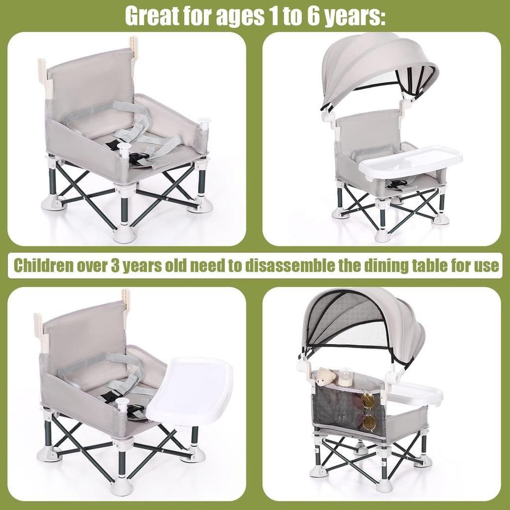 Portable Baby Chair Compact Fold | 4-in-1 Travel Booster Seat with Tray Awning| Foldable High Chair with Safety Belt