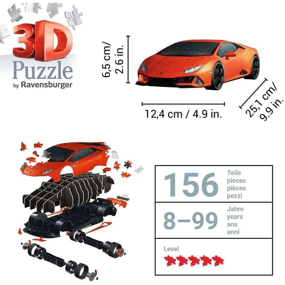 Ravensburger Lamborghini‑Huracán‑EVO‑Arancio Orange Premium 3D Puzzle 108 Pieces | 1:18 Scale Model with Rotating Wheels