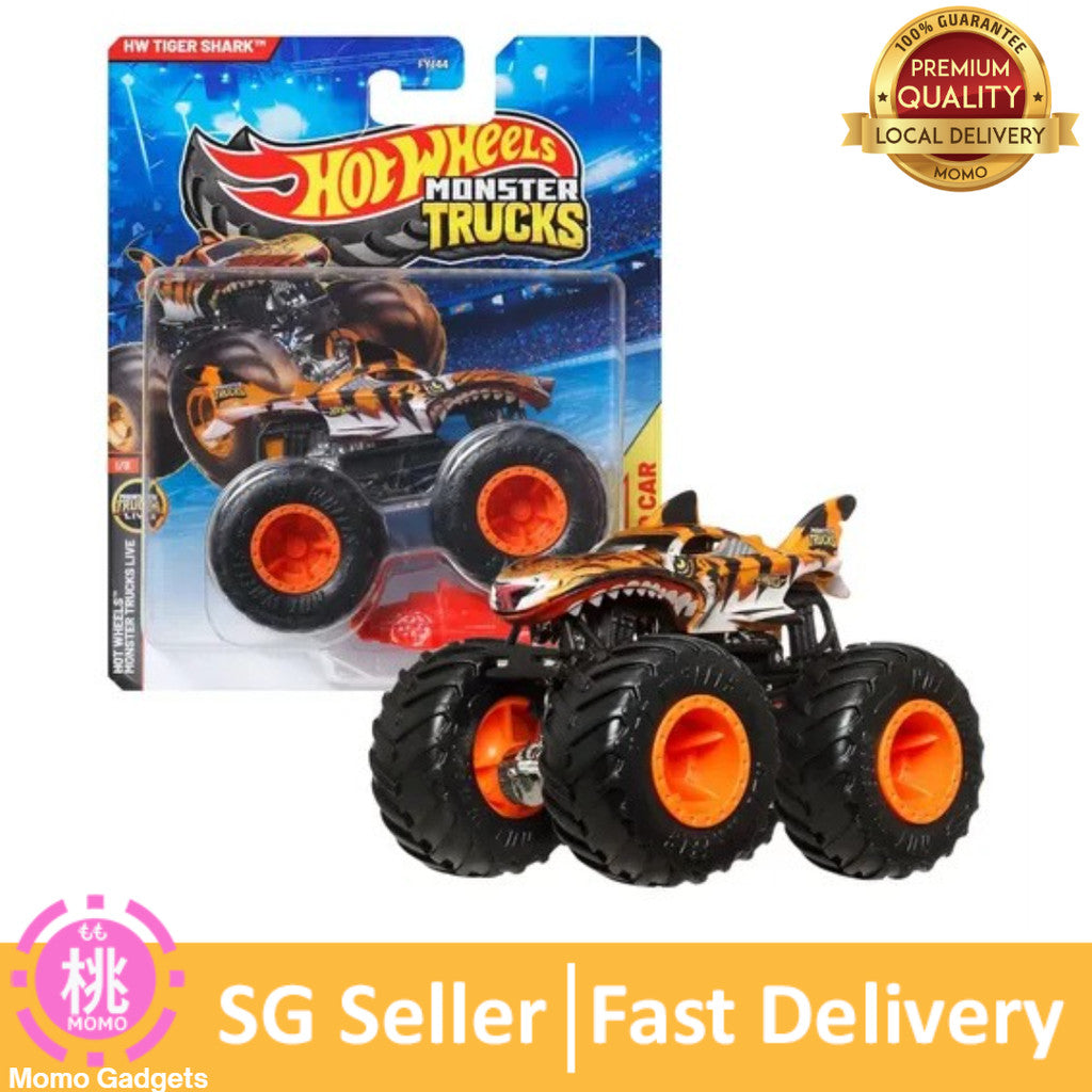 Hot Wheels Monster Trucks Tiger Shark, Includes Crushed Car 1:64 Scale die cast