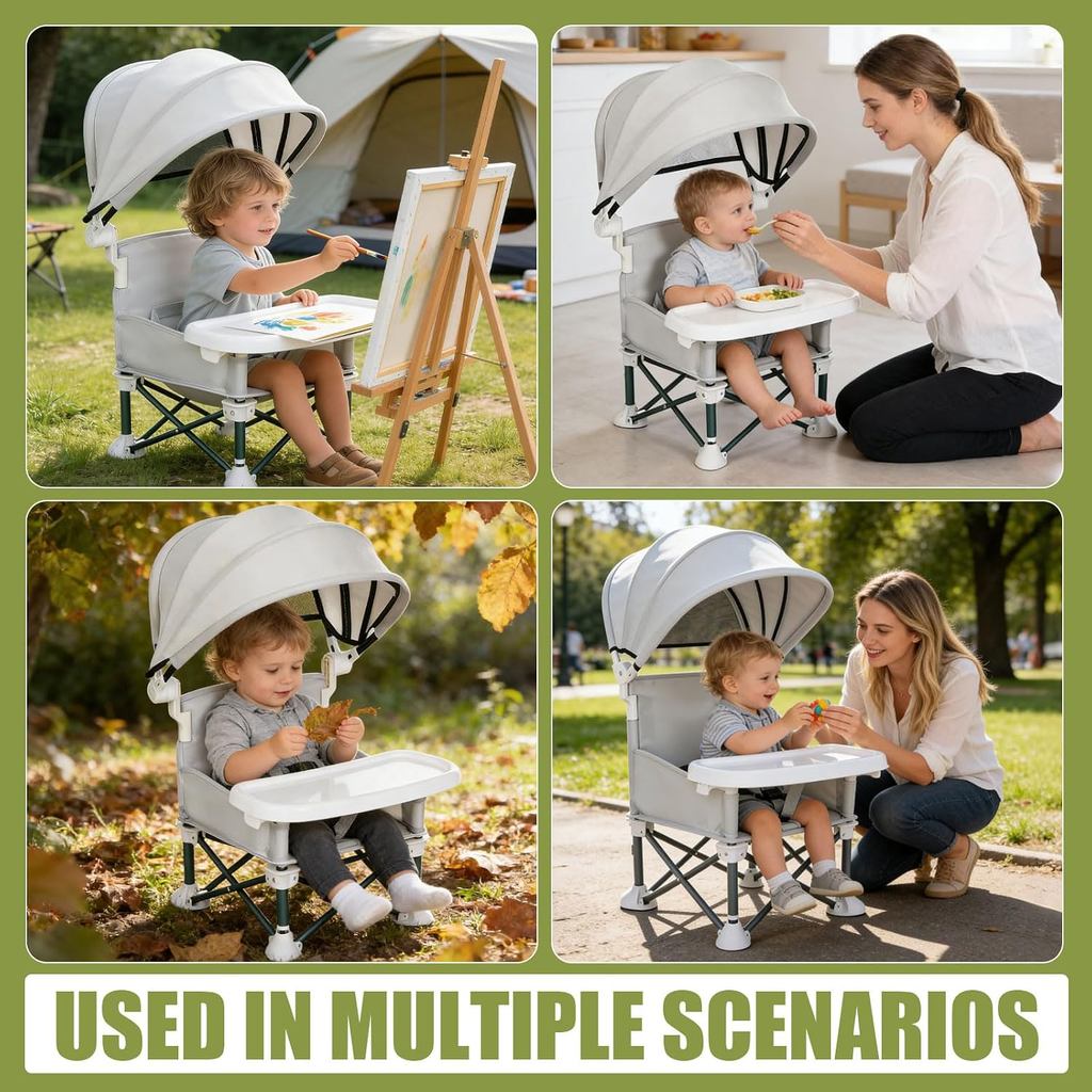 Portable Baby Chair Compact Fold | 4-in-1 Travel Booster Seat with Tray Awning| Foldable High Chair with Safety Belt