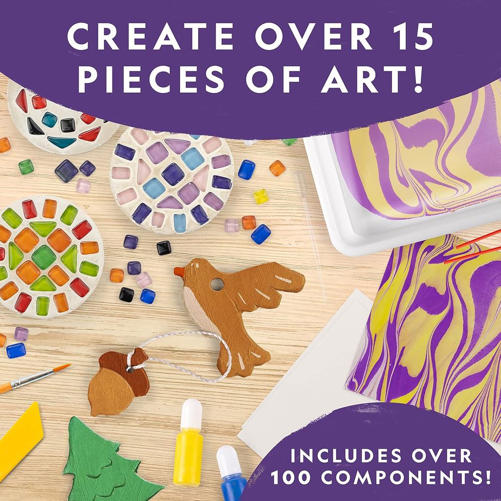 NATIONAL GEOGRAPHIC Mega Arts and Crafts Kit for Kids – Mosaic Kit, Marbling Paint Kit & Air Dry Clay Pottery Kit