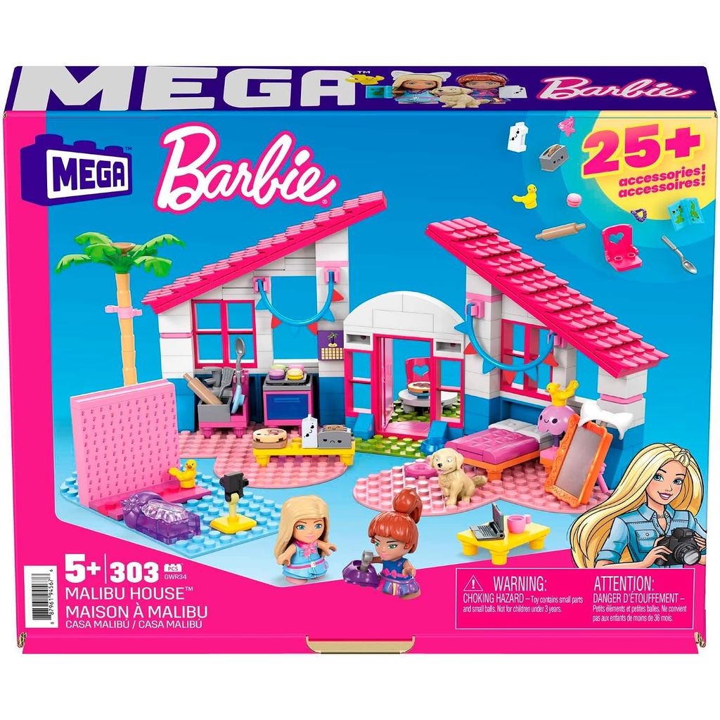 Barbie Mega Construx Barbie Malibu House, Dolls with Building Blocks House and Toy Accessories, 5 Years and Up