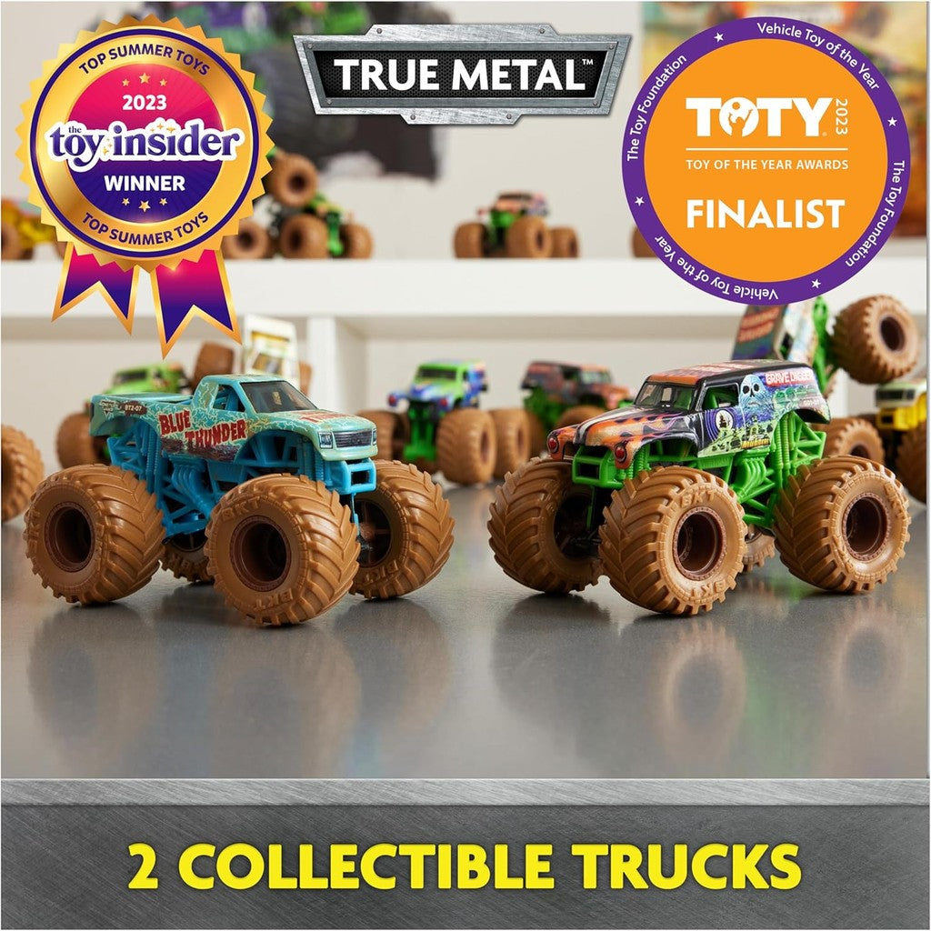 Monster Jam, Mystery Mudders 2-Pack, Official Grave Digger and Blue Thunder Die-Cast Monster Trucks Wash to Reveal