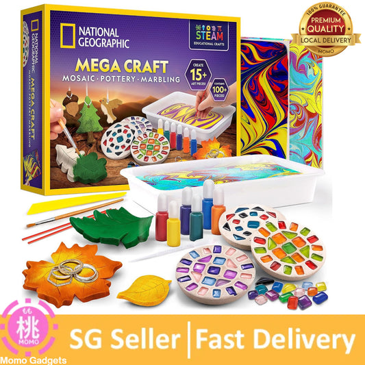 NATIONAL GEOGRAPHIC Mega Arts and Crafts Kit for Kids – Mosaic Kit, Marbling Paint Kit & Air Dry Clay Pottery Kit