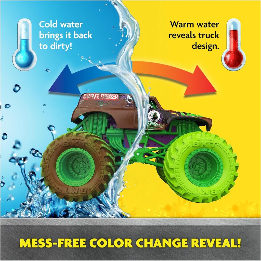 Monster Jam Mud Blasters, Grave Digger and Megalodon Color Changing Trucks 2-Pack, 1:64 Die Cast Vehicle
