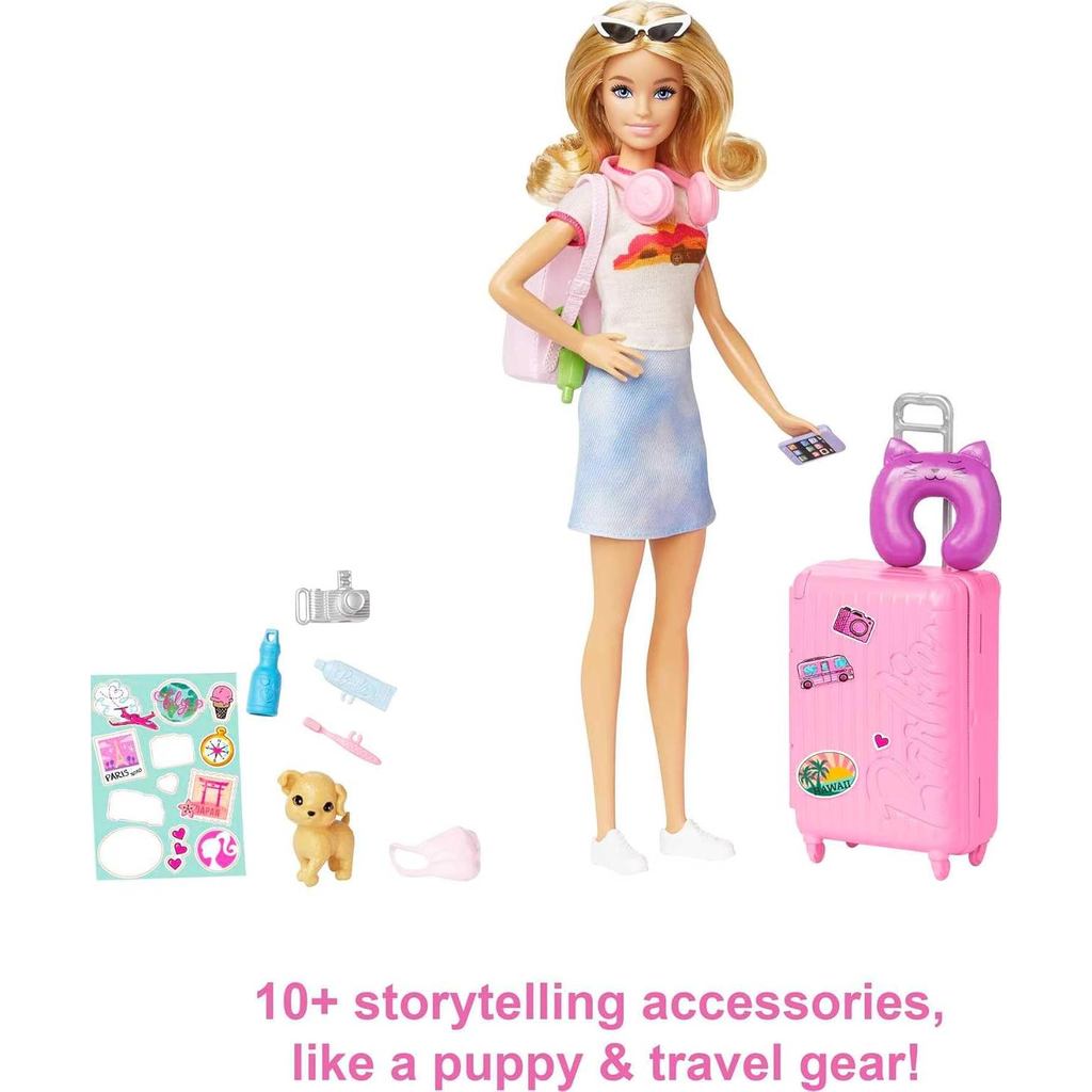 Barbie Doll & Accessories,Travel Set with Puppy and 10+ Pieces, Suitcase Opens & Closes,Barbie "Malibu" with Blonde Hair
