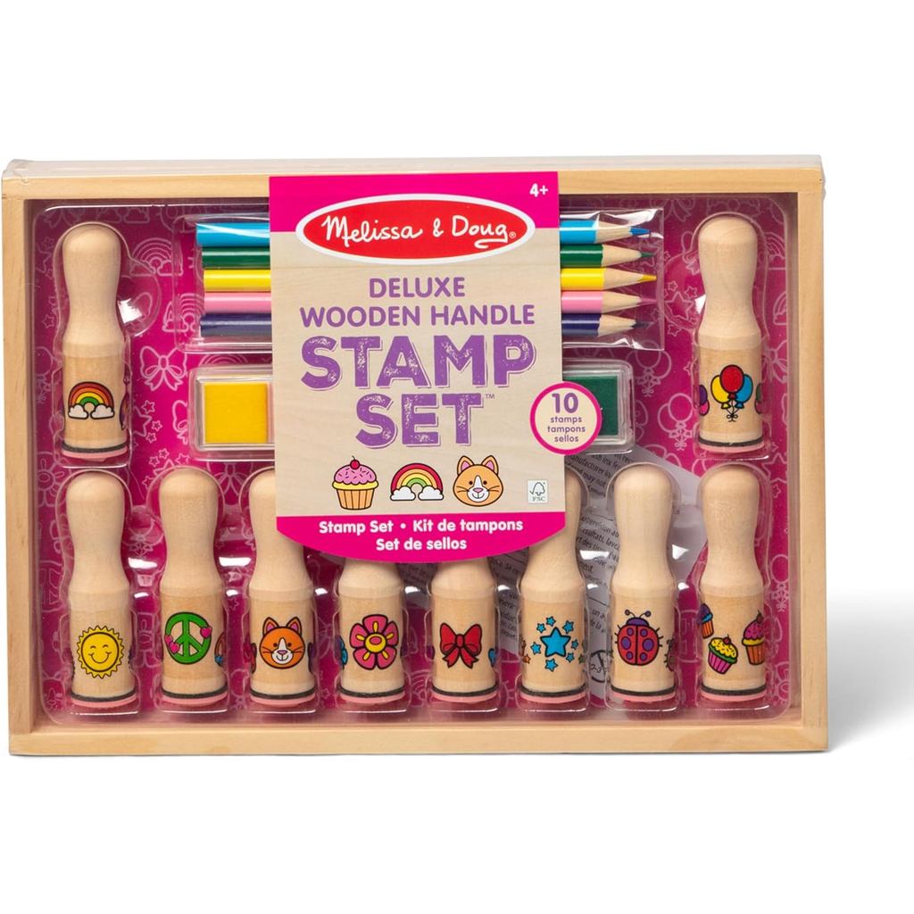 Melissa & Doug Deluxe Happy Handle Stamp Set with 10 Stamps, 5 Colored Pencils, and 6-Color Washable Ink Pad