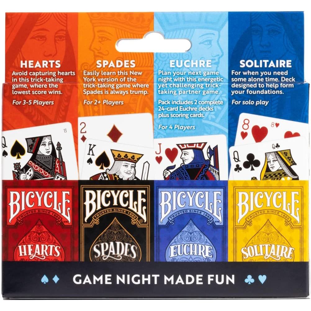 Bicycle 4 Playing Card Games in 1: Euchre, Hearts, Spades, and Solitaire (4 Card Game Pack)