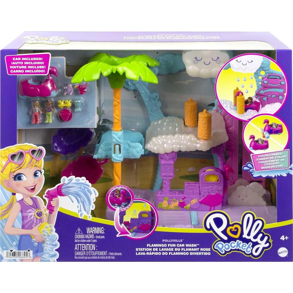 Polly Pocket Playset,Pollyville Flamingo Fun Car Wash with 2 Micro Dolls, Toy Car, Water Play & Color-Change Accessories
