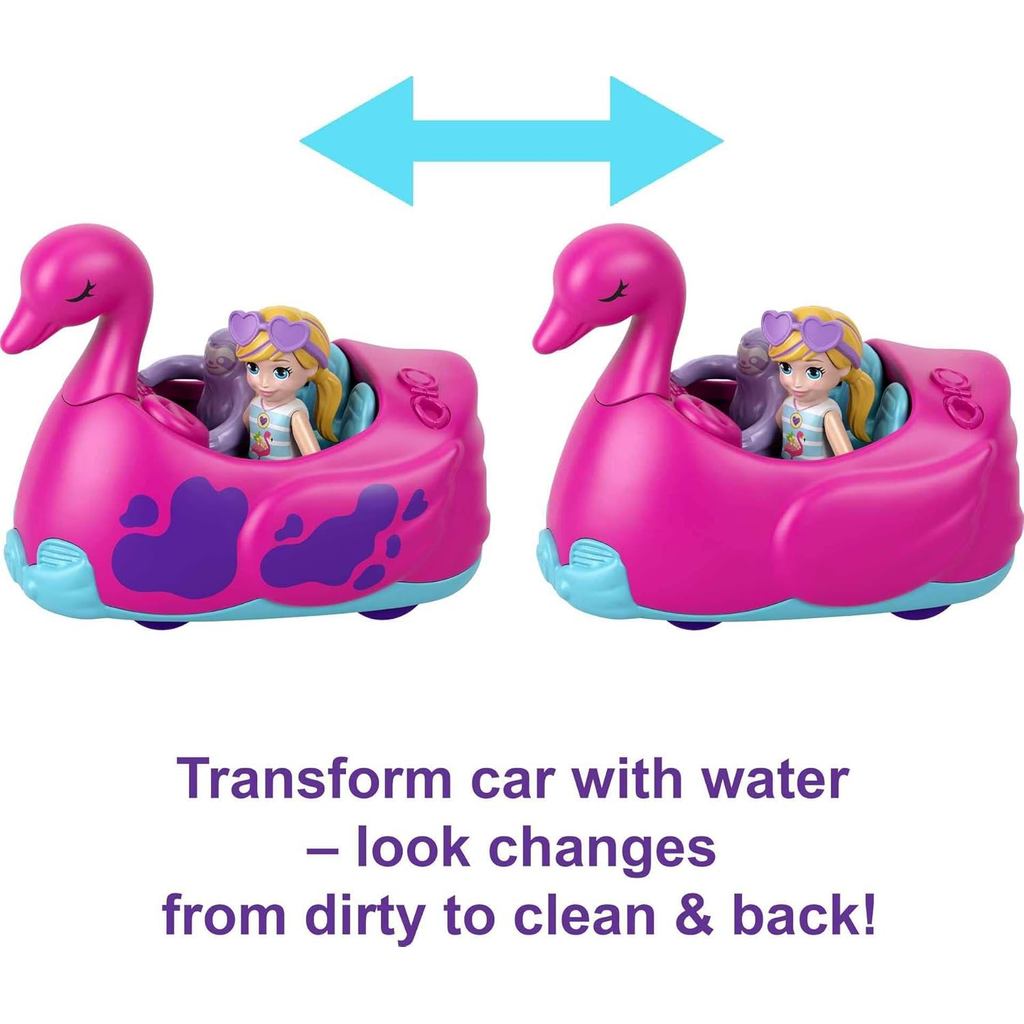 Polly Pocket Playset,Pollyville Flamingo Fun Car Wash with 2 Micro Dolls, Toy Car, Water Play & Color-Change Accessories