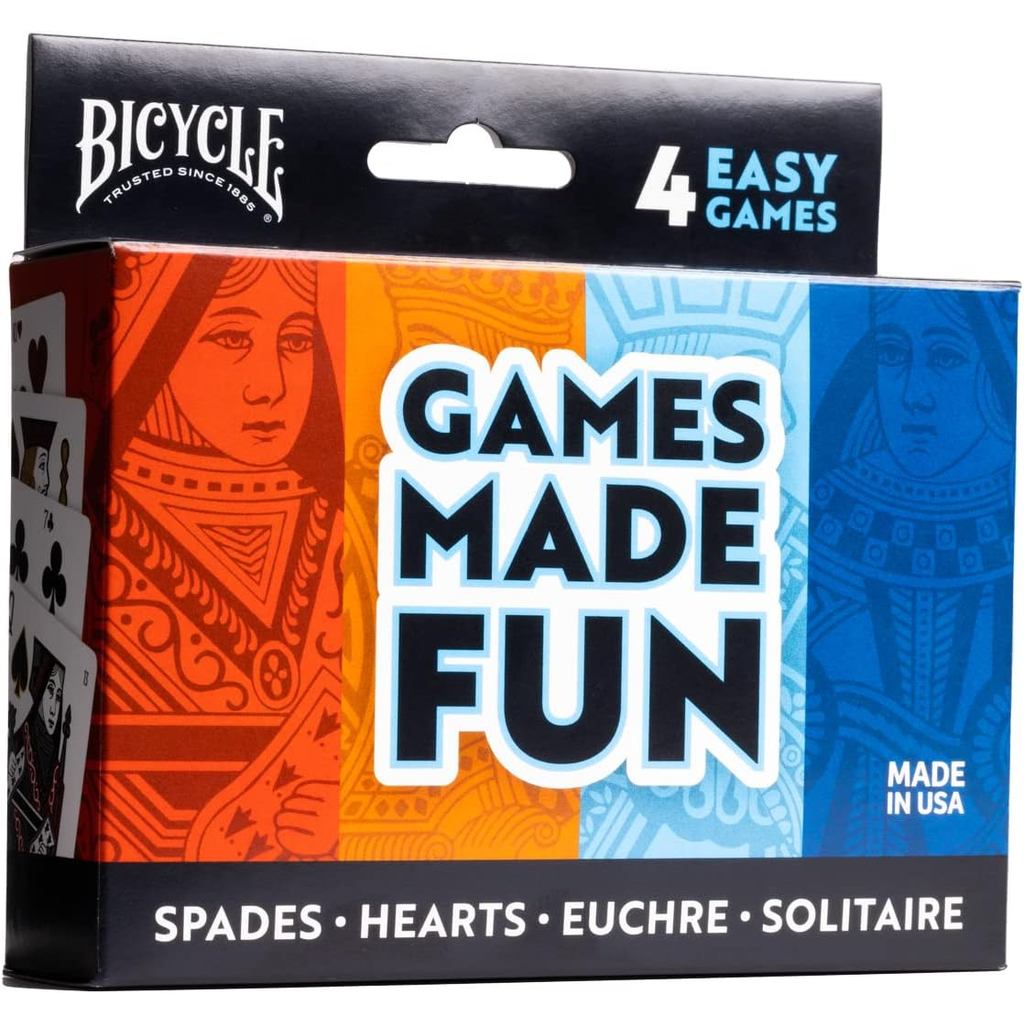 Bicycle 4 Playing Card Games in 1: Euchre, Hearts, Spades, and Solitaire (4 Card Game Pack)