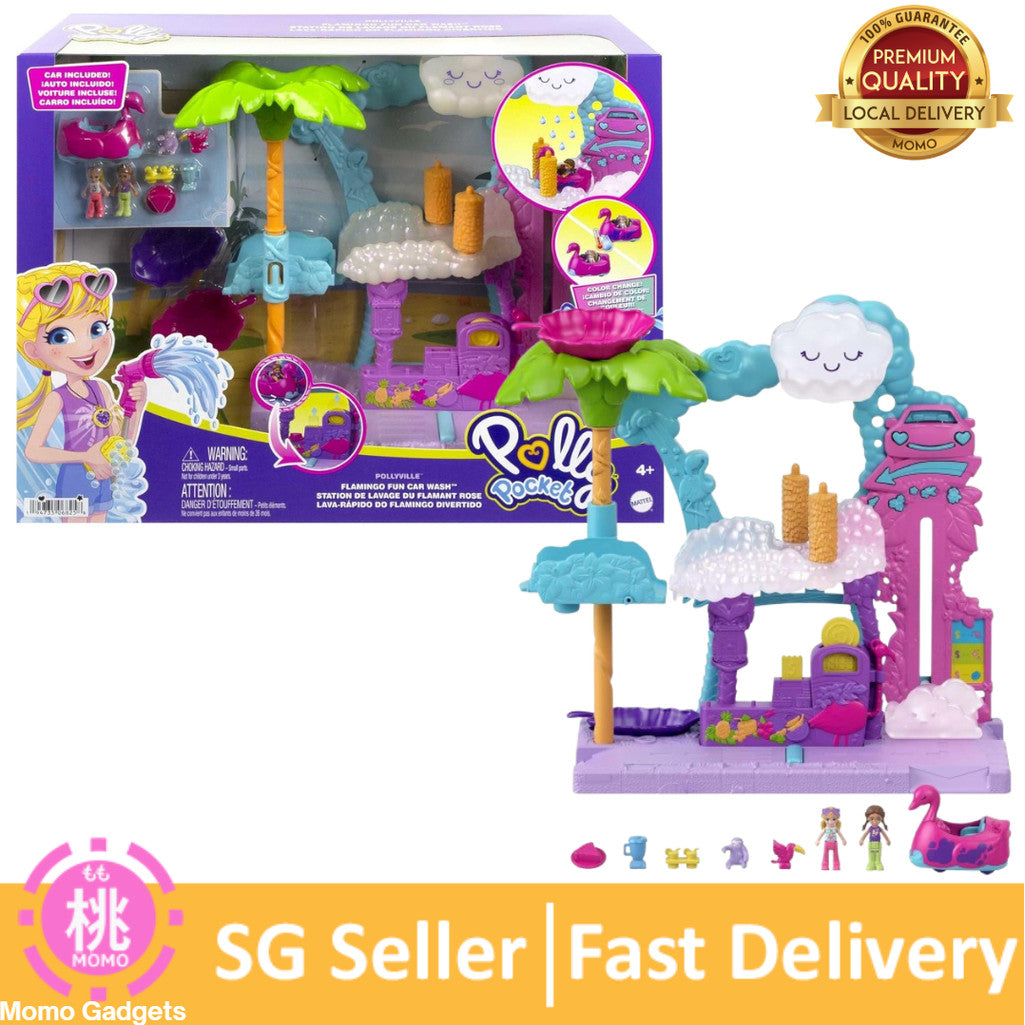 Polly Pocket Playset,Pollyville Flamingo Fun Car Wash with 2 Micro Dolls, Toy Car, Water Play & Color-Change Accessories