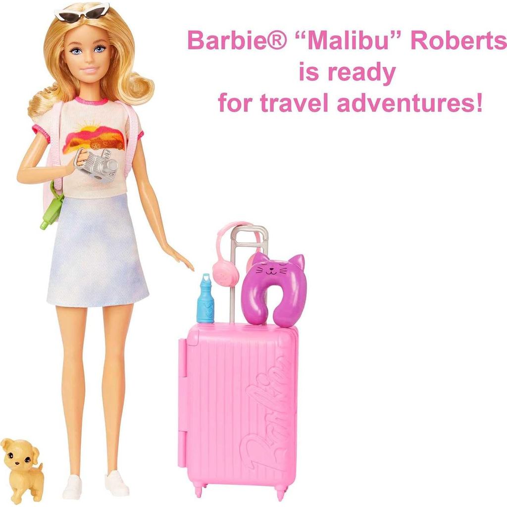 Barbie Doll & Accessories,Travel Set with Puppy and 10+ Pieces, Suitcase Opens & Closes,Barbie "Malibu" with Blonde Hair