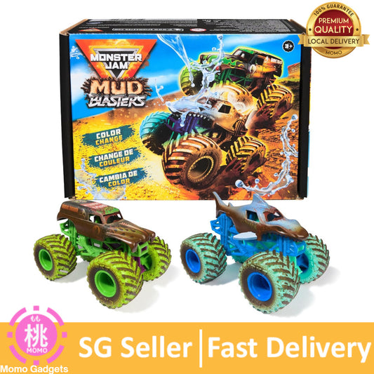 Monster Jam Mud Blasters, Grave Digger and Megalodon Color Changing Trucks 2-Pack, 1:64 Die Cast Vehicle