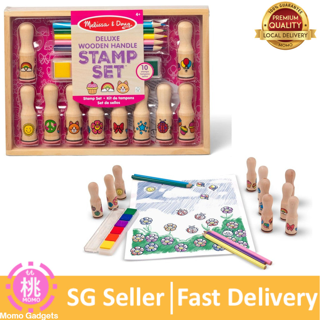 Melissa & Doug Deluxe Happy Handle Stamp Set with 10 Stamps, 5 Colored Pencils, and 6-Color Washable Ink Pad