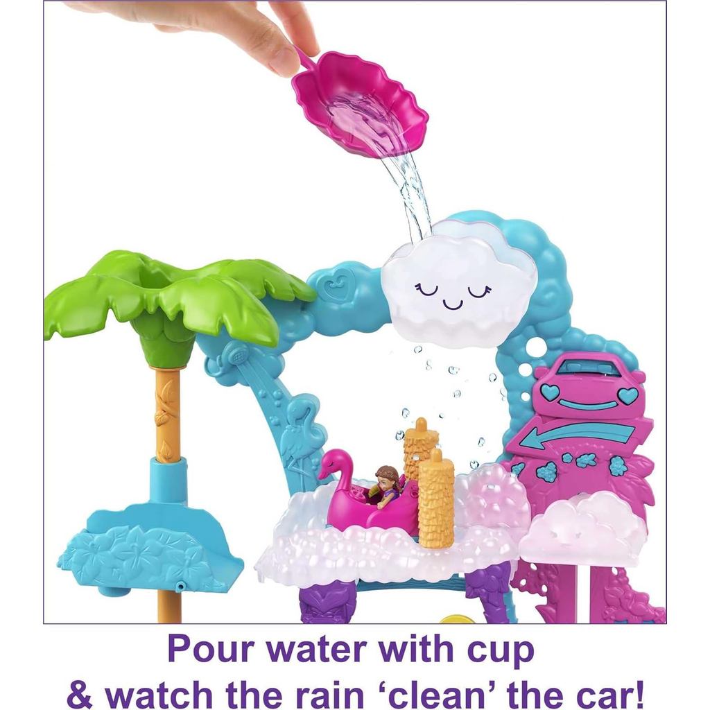 Polly Pocket Playset,Pollyville Flamingo Fun Car Wash with 2 Micro Dolls, Toy Car, Water Play & Color-Change Accessories
