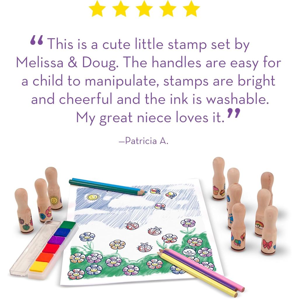 Melissa & Doug Deluxe Happy Handle Stamp Set with 10 Stamps, 5 Colored Pencils, and 6-Color Washable Ink Pad