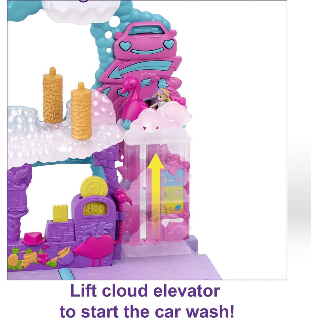 Polly Pocket Playset,Pollyville Flamingo Fun Car Wash with 2 Micro Dolls, Toy Car, Water Play & Color-Change Accessories