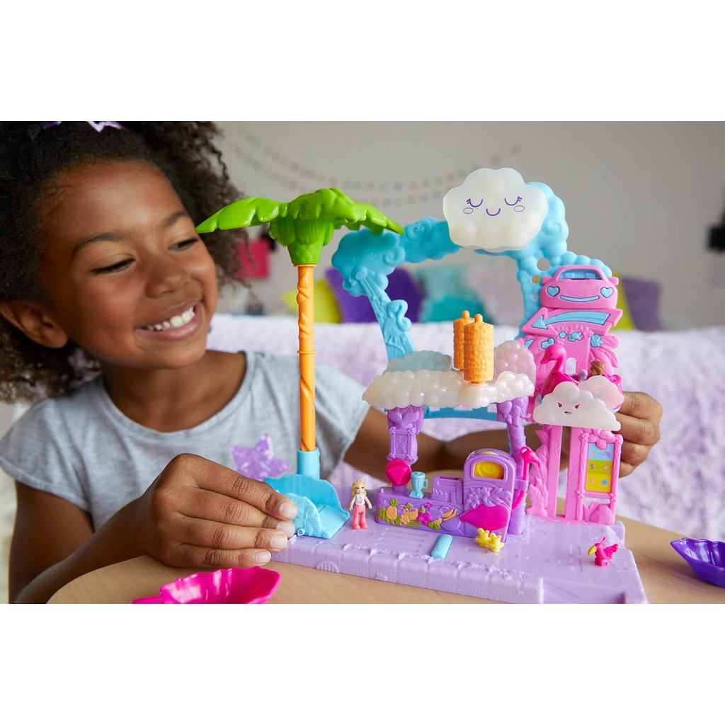 Polly Pocket Playset,Pollyville Flamingo Fun Car Wash with 2 Micro Dolls, Toy Car, Water Play & Color-Change Accessories