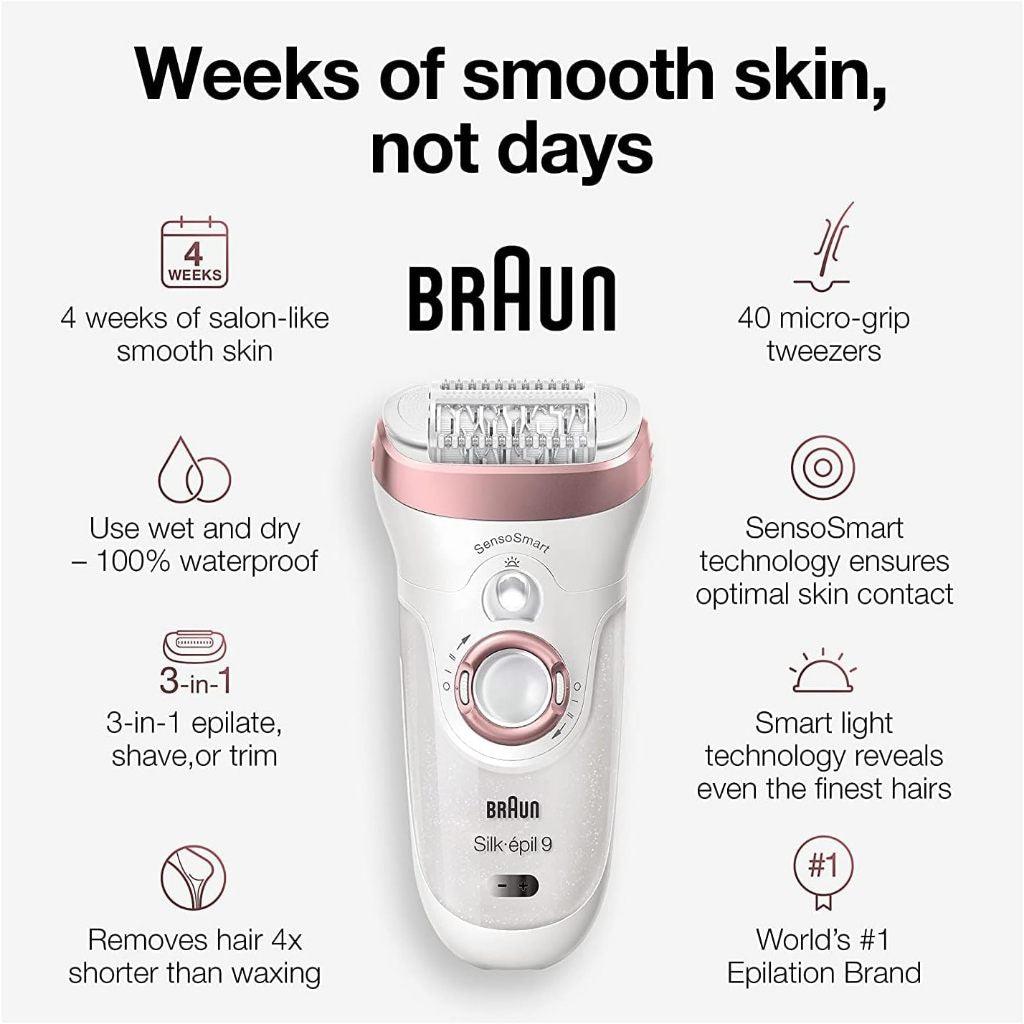 Braun Silk epil 9 9 9-890, Epilator for Long-Lasting Hair Removal, Includes Shaver and Trimmer Head, Micro-Grip Tweezer