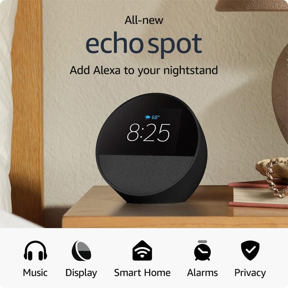 All-new Amazon Echo Spot , Smart alarm clock with vibrant sound + Alexa