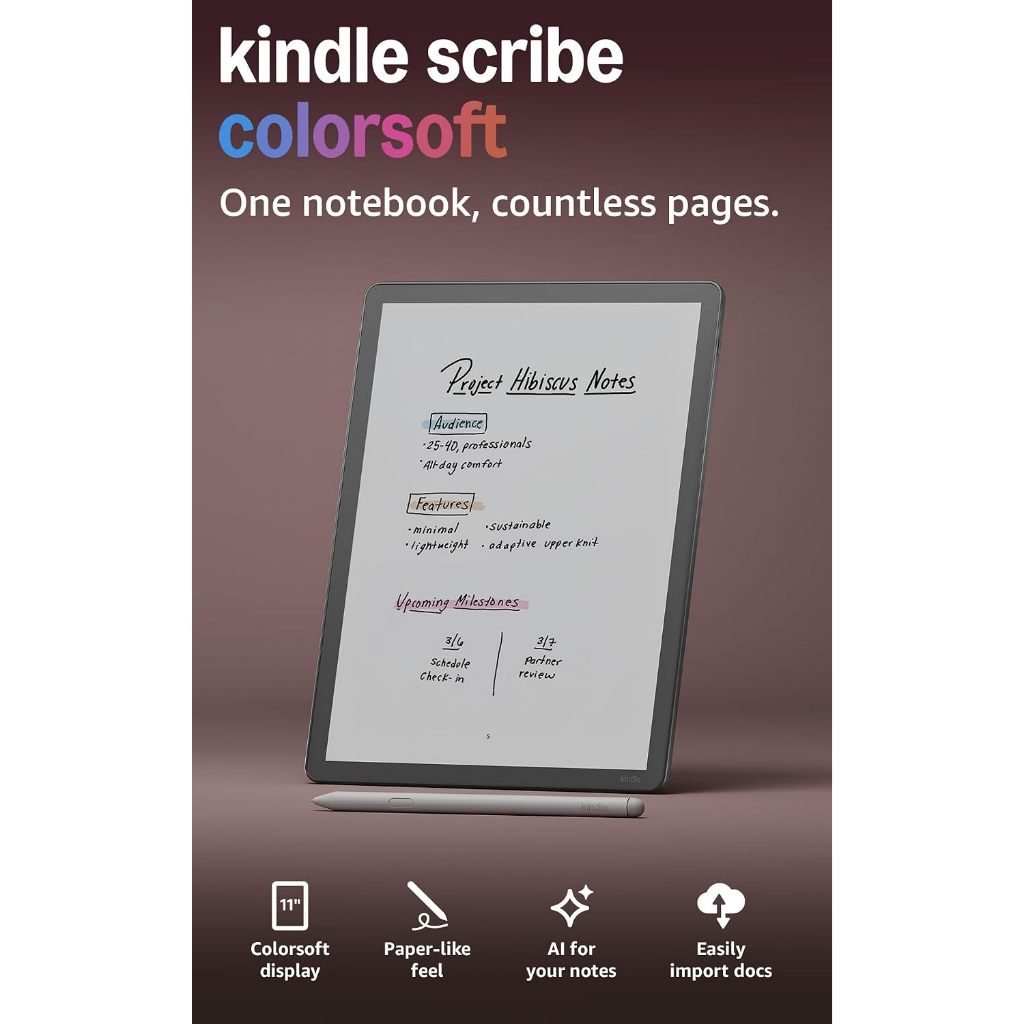 Amazon Kindle Scribe Colorsoft 64GB /32GB—11” paper-like color display—Write in notebooks, docs, and books.