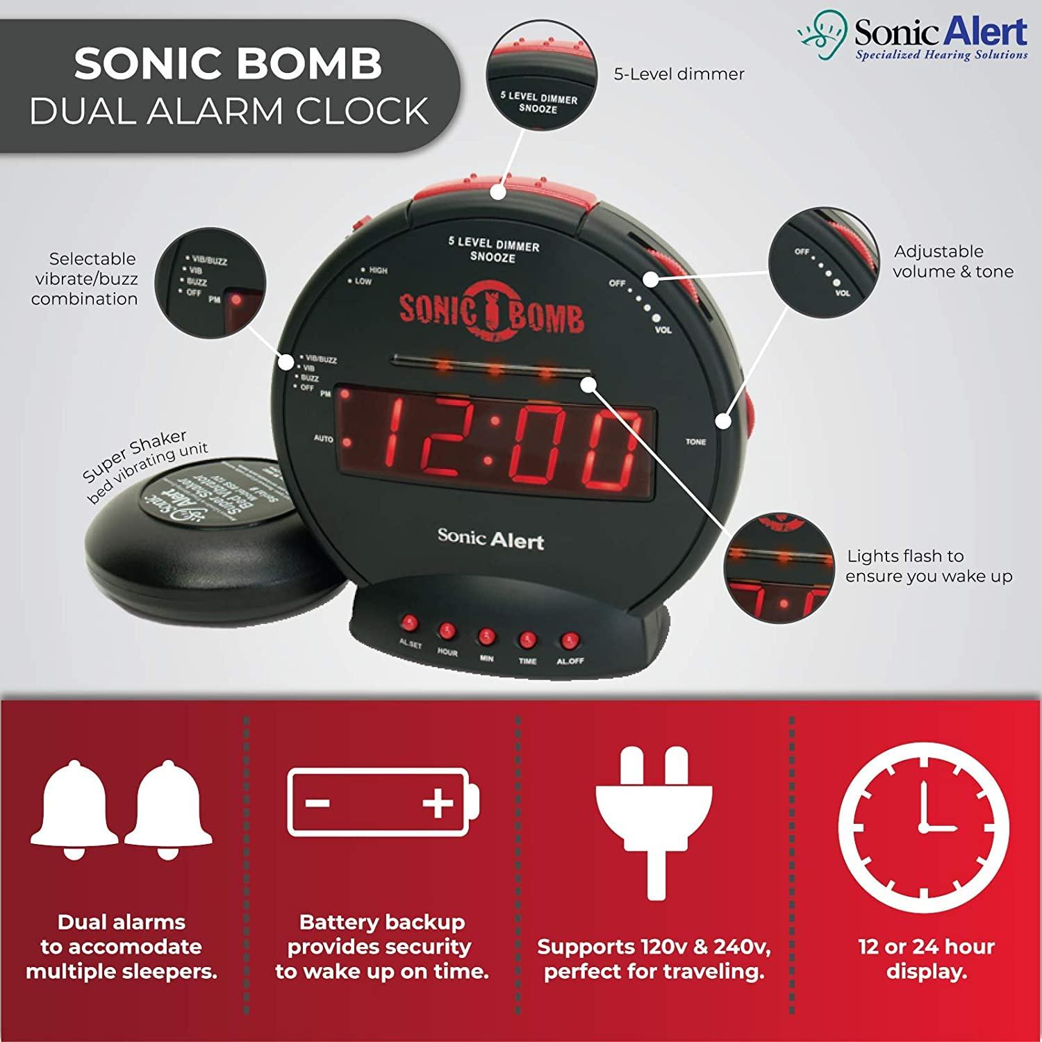 Sonic Bomb Dual Extra Loud Alarm Clock with Bed Shaker | Sonic Alert Vibrating Alarm Clock Heavy Sleepers - Momo Gadgets