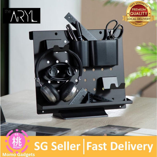 the Aryl™ Aluminum Desk Organizer, Modular Pegboard w/ Holder, Cable Hook, Phone Stand, Headphone & Controller Hanger - Momo Gadgets