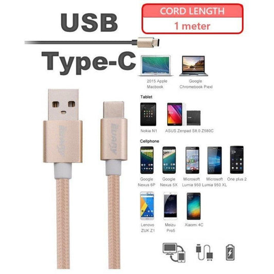 USB C to USB 2.0 Data and Charging Cable, Nylon Braided, 1 meter (Gold) - Momo Gadgets